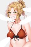  bikini blonde_hair blush bow braid censored clenched_teeth collarbone cum cumdrip fate/apocrypha fate/grand_order fate_(series) front-tie_bikini front-tie_top green_eyes grey_background hanada_yanochi long_hair looking_at_viewer mordred_(fate)_(all) mordred_(swimsuit_rider)_(fate) multiple_penises penis ponytail red_bikini solo_focus swimsuit tears teeth upper_body 
