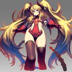  blonde_hair blue_eyes commentary_request cozy demon_girl demon_horns demon_tail feet_out_of_frame flat_chest foreshortening from_below gloves grey_background highres horns long_hair looking_at_viewer looking_down original outline parted_lips red_gloves red_outline red_pupils simple_background solo tail thighhighs twintails very_long_hair 