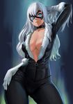  absurdres arm_up black_bodysuit black_cat_(marvel) black_choker blue_eyes bodysuit breasts choker cleavage collarbone contrapposto covered_nipples cowboy_shot domino_mask elbow_gloves felicia_hardy fur_trim gloves hand_in_hair hand_on_hip highres large_breasts lasterk light_smile long_hair looking_at_viewer marvel mask open_clothes paid_reward parted_lips partially_unzipped patreon_reward silver_hair solo spider-man_(series) standing white_gloves zipper 