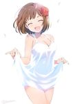  1girl beautiful big_breasts brown_hair eyes_closed flower laughing legs rose short_hair white_dress young 
