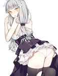  ass backless_dress backless_outfit bangs bare_shoulders black_dress black_legwear blunt_bangs blush breasts commentary dress eyebrows_visible_through_hair facial_mark from_behind girls_frontline green_eyes grey_hair hands_up hk416_(girls_frontline) hona_(pixiv7939518) large_breasts legs_together long_hair looking_at_viewer looking_back panties parted_lips petticoat silver_hair simple_background solo teardrop thighhighs thighs torn_clothes torn_legwear underwear white_background white_panties 