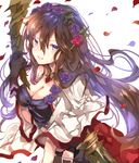  bad_id bad_tumblr_id blue_hair breasts cleavage flower gloves granblue_fantasy hair_flower hair_ornament highres jewelry large_breasts long_hair navel necklace petals purple_eyes rose rose_petals rosetta_(granblue_fantasy) smile solo sweetroad white_background 