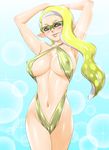  armpits arms_up blonde_hair breasts cameltoe covered_nipples glasses green_eyes highres hips inkling large_breasts long_hair navel older parted_lips slingshot_swimsuit solo splatoon_(series) splatoon_2 swimsuit taka-michi tentacle_hair thighs 