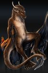  anthro brown_eyes brown_fur brown_hair digitigrade dragon featureless_crotch fur furred_dragon hair horn isvoc male nude ridged_horn sitting smile solo 