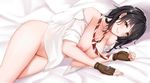  bare_shoulders black_hair bottomless breasts brown_eyes coppelion dress_shirt fingerless_gloves gloves hanada_yanochi hips long_hair looking_at_viewer loose_necktie lying medium_breasts naked_shirt naruse_ibara necktie nipples on_side open_clothes open_shirt shirt short_sleeves smile solo striped striped_neckwear 
