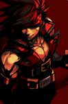  abs belt black_gloves brown_hair closed_mouth fingerless_gloves gloves guilty_gear hankuri headband male_focus muscle red_background shaded_face simple_background sleeveless sol_badguy solo upper_body 