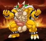  2017 3_toes 5_fingers anthro balls big_balls big_penis bowser drooling erection eyebrows fire hair horn humanoid_penis hungothenomster in koopa male mario_bros multicolored_skin muscular nintendo penis pink_penis red_eyes red_hair saliva scalie sharp_teeth shell solo spikes standing teeth toes vein video_games white_skin yellow_skin 
