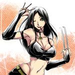  bare_shoulders black_hair breasts choker claw_(weapon) claws cleavage elbow_gloves fingerless_gloves gloves laura_kinney long_hair marvel pocky solo weapon wink x-23 x-men 