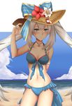  arciealbano armlet beach bikini blue_bikini blue_eyes breasts cleavage cloud contrapposto cowboy_shot day embarrassed fate/grand_order fate_(series) flower hat hat_flower jewelry long_hair looking_at_viewer marie_antoinette_(fate/grand_order) marie_antoinette_(swimsuit_caster)_(fate) medium_breasts navel necklace ocean silver_hair sky solo standing stomach sun_hat swimsuit twintails very_long_hair 