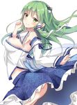  ass bare_shoulders blue_skirt breasts closed_mouth detached_sleeves frog_hair_ornament green_eyes green_hair hair_ornament hair_tubes kochiya_sanae large_breasts long_hair looking_at_viewer midriff non_(nobu) sideboob simple_background skirt smile snake_hair_ornament solo thighhighs touhou white_background white_legwear 