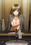  aqua_eyes bangs bathroom breast_hold breasts brown_hair coat collarbone covering covering_breasts cuts faucet female_pov groin indoors injury keisekisan light_smile long_hair long_sleeves looking_at_mirror looking_at_viewer medium_breasts mirror naked_coat navel nude open_clothes open_coat original pov reflection sink soap soap_bottle solo standing towel towel_rack 