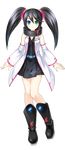  bangs black_dress black_hair blue_eyes blush boots choujigen_taisen_neptune_vs_sega_hard_girls coat dress eyebrows_visible_through_hair full_body green_eyes heterochromia knee_boots long_hair looking_at_viewer official_art personification pleated_dress sega_hard_girls sega_saturn_(sega_hard_girls) short_dress sleeveless smile solo standing transparent_background tsunako twintails wide_sleeves 