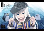  :d anchor_symbol black_hat black_sailor_collar blue_eyes failure_penguin flat_cap hair_between_eyes hands_up hat hibiki_(kantai_collection) kantai_collection letterboxed long_hair long_sleeves looking_at_viewer miss_cloud miyabino_(miyabi1616) open_mouth roman_numerals sailor_collar school_uniform serafuku sideways_hat signal_flag smile solo string_of_flags upper_body white_hair 