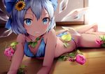  absurdres arm_support ass bare_arms bare_legs barefoot bikini blue_bikini blue_bow blue_eyes blue_hair bow chen_bin cirno collarbone commentary_request flower hair_flower hair_ornament hairpin highres ice ice_wings looking_at_viewer lying morning_glory on_floor on_stomach short_hair smile solo summer sunflower sunflower_hair_ornament swimsuit tanned_cirno thong thong_bikini touhou wings wooden_floor 
