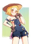  badge blonde_hair blush breasts chainsaw commentary_request cowboy_shot fate/grand_order fate_(series) gloves hat leaning_back looking_at_viewer medium_breasts naked_overalls no_bra orange_eyes overalls paul_bunyan_(fate/grand_order) reika_(clovia_studio) short_hair smiley_face solo strap_slip wavy_mouth 