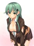  aqua_hair blazer blush bra breasts brown_jacket brown_skirt cleavage collarbone collared_shirt gradient gradient_background green_eyes hair_between_eyes hair_ornament hairclip highres jacket kantai_collection large_breasts leaning_forward long_hair long_sleeves looking_at_viewer parted_lips pleated_skirt purple_bra remodel_(kantai_collection) shirt siesta_(artist) skirt solo suzuya_(kantai_collection) torn_clothes underwear upper_body white_shirt 
