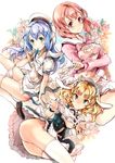  3girls :d animal_ears aqua_eyes ass bangs blonde_hair blue_hair blunt_bangs blush bra breasts breasts_outside bunny_ears commentary_request endou_okito fake_animal_ears fleur_de_lapin_uniform flower gochuumon_wa_usagi_desu_ka? hair_ornament hairband hairclip hat highres hoto_cocoa hoto_cocoa's_school_uniform kafuu_chino kafuu_chino's_school_uniform kirima_sharo long_hair looking_at_viewer medium_breasts multiple_girls nipples open_mouth panties panties_removed panty_pull pink_bra presenting_panties purple_eyes red_hair school_uniform shirt_lift short_hair small_breasts smile thighhighs underwear wavy_hair white_legwear white_panties wrist_cuffs x_hair_ornament 