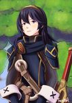  blue_hair cape falchion_(fire_emblem) fire_emblem fire_emblem:_kakusei forest highres long_hair looking_at_viewer lucina nature outdoors pauldrons smile solo sword tiara tsuntail weapon 