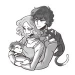  1boy 1girl baby cat eyes_closed family highres if_they_mated kurusu_akira monochrome morgana_(persona_5) okumura_haru persona persona_5 scruffyturtles short_hair 