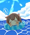  afloat artist_name blue_innertube blush brown_hair chibi closed_eyes cloud commentary_request day eighth_note ina_(1813576) innertube kaga_(kantai_collection) kantai_collection light_rays long_hair musical_note ocean side_ponytail smile solo speech_bubble spoken_musical_note sunbeam sunlight water 