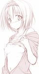  alice_margatroid bangs blush breasts closed_mouth commentary_request eyebrows_visible_through_hair hair_between_eyes hair_intakes hairband lifted_by_self looking_at_viewer medium_breasts monochrome navel nipples nirap nose_blush shirt_lift short_hair short_sleeves simple_background solo stomach touhou upper_body white_background 
