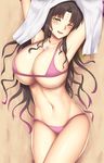  arciealbano arms_up bikini black_hair blush breasts facial_mark fate/extra fate/extra_ccc fate_(series) forehead_mark gradient_hair horns huge_breasts long_hair looking_at_viewer lying multicolored_hair navel on_back one_eye_closed open_mouth purple_bikini purple_hair sesshouin_kiara smile solo swimsuit towel very_long_hair wavy_hair yellow_eyes 