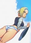  android_18 ass bad_id bad_pixiv_id blonde_hair blurry chromatic_aberration dragon_ball dragon_ball_z flat_ass from_behind harabacho_(gkfkqkch1) no_pants panties striped striped_panties thighs underwear 