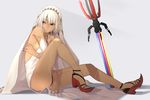  altera_(fate) ass bare_shoulders black_nails breasts detached_sleeves fate/grand_order fate_(series) high_heels i-pan legs nail_polish photon_ray red_eyes sandals short_hair sideboob sitting small_breasts solo sword tattoo veil weapon wedge_heels white_hair 