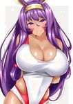  alternate_breast_size animal_ears arms_behind_back bangs bare_arms blush border breasts cleavage commentary_request covered_navel dark_skin facepaint fate/grand_order fate_(series) grey_background hair_between_eyes hairband highres hips huge_breasts jackal_ears long_hair looking_at_viewer nitocris_(fate/grand_order) nitocris_(swimsuit_assassin)_(fate) purple_eyes purple_hair sankakusui shiny shiny_skin sidelocks smile solo swept_bangs swimsuit very_long_hair white_border white_swimsuit 