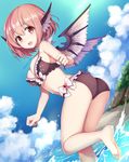  animal_ears ass bare_arms barefoot bikini bird_wings blue_sky breasts brown_bikini cleavage cloud cloudy_sky commentary_request day earrings jewelry medium_breasts mystia_lorelei open_mouth outdoors pink_hair red_eyes risui_(suzu_rks) short_hair sky smile solo summer swimsuit touhou twitter_username wading water wings 