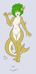  2017 anthro breasts ear_piercing female fish gills green_hair hair hi_res lori_(kekeroo) marine navel nipples non-mammal_breasts nude open_mouth piercing pussy sailoranna shark short_hair simple_background solo thigh_gap two_tone_body wide_hips yellow_eyes 