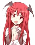  :d akamatsu_ken_(style) bangs blush breasts collared_shirt eyebrows_visible_through_hair fang hair_between_eyes hands_together head_tilt head_wings koakuma long_hair long_sleeves looking_at_viewer medium_breasts nirap open_mouth own_hands_together red_eyes red_hair shirt sidelocks simple_background sleeveless smile solo touhou upper_body white_background white_shirt 