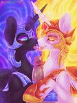  2017 absurd_res ambiguous_gender armor blush daybreaker_(mlp) digital_media_(artwork) dimwitdog duo_focus equine fangs feathered_wings feathers feral friendship_is_magic glowing glowing_eyes group helmet hi_res horn humanoid_penis interspecies male male/ambiguous mammal my_little_pony nightmare_moon_(mlp) open_mouth patreon penis tongue tongue_out white_feathers winged_unicorn wings 