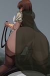  1girl amber_(rwby) anus ass blush bottomless brown_eyes brown_hair dildo frilled_sleeves from_behind girl_on_top half-closed_eyes horse horseback_riding imminent_vaginal looking_back penis pov puffy_sleeves pussy rope rwby see-through short_sleeves sinccubi thigh_boots uncensored vambraces 