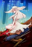 android city cityscape damaged dress guro hat intestines iwagami junk long_hair looking_at_viewer looking_back original outdoors purple_eyes ribs sitting solo thighhighs torn_clothes torn_dress traffic_cone white_dress white_hair white_hat 