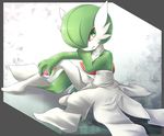  full_body gardevoir green_eyes green_hair hair looking_away mega_stone nintendo pok&eacute;mon short_hair sitting solo tagme unknown_artist video_games 