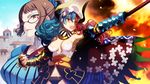  alexander_(eiyuu_senki) aristotle_(eiyuu_senki) armpits black_panties breasts brown_hair cape cleavage eiyuu_senki fire game_cg gauntlets glasses green_eyes heterochromia holding holding_weapon horns large_breasts long_hair multicolored_hair multiple_girls ooyari_ashito open_mouth panties underwear weapon 