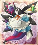  apron beverage blue_dress bow cake cherry clipboard clothing dessert dragon dress feet floating food fruit full_body glass hi_res hydregion ice_cream looking_at_viewer maid_uniform nintendo open_mouth pen pink_eyes plate pok&eacute;mon purple_sclera scalie smile solo tagme teeth uniform unknown_artist video_games waiter wings 