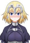  &gt;:( blonde_hair blue_eyes blush close-up commentary_request fate/apocrypha fate/grand_order fate_(series) frown headpiece jeanne_d'arc_(fate) jeanne_d'arc_(fate)_(all) long_hair looking_at_viewer simple_background solo sparkle sweat tomokichi twitter_username upper_body v-shaped_eyebrows white_background 