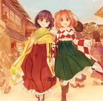  album_cover architecture bell boots commentary_request cover east_asian_architecture flower hair_bell hair_flower hair_ornament hanada_hyou hieda_no_akyuu holding_hands japanese_clothes looking_at_viewer lowres meiji_schoolgirl_uniform motoori_kosuzu multiple_girls open_mouth orange_hair purple_eyes purple_hair rd-sounds red_eyes red_hair short_hair smile tabi touhou twintails wide_sleeves 