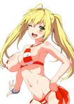  ;d ahoge alternate_hairstyle bikini blonde_hair body_blush bracelet breasts clearite cleavage contrapposto cowboy_shot criss-cross_halter earrings fate/extra fate/grand_order fate_(series) glint green_eyes halterneck hand_on_hip jewelry large_breasts long_hair looking_at_viewer nero_claudius_(fate)_(all) nero_claudius_(swimsuit_caster)_(fate) one_eye_closed open_mouth outstretched_arm outstretched_hand side-tie_bikini simple_background smile solo standing striped striped_bikini swimsuit twintails white_background 