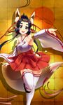  :d animal_ears armpits bangs_pinned_back bell black_hair blush breasts brown_eyes commentary_request detached_sleeves feet_out_of_frame fox_ears fox_girl fox_tail highres japanese_clothes kagiyama_(gen'ei_no_hasha) long_hair looking_at_viewer medium_breasts miko open_mouth original red_skirt sandals skirt smile solo tabi tail thick_eyebrows thighhighs white_legwear white_sleeves wide_sleeves zettai_ryouiki 