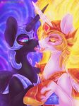  2017 absurd_res armor blush daybreaker_(mlp) digital_media_(artwork) dimwitdog duo equine fangs feathered_wings feathers feral friendship_is_magic glowing glowing_eyes helmet hi_res horn mammal my_little_pony nightmare_moon_(mlp) open_mouth patreon saliva tongue tongue_out white_feathers winged_unicorn wings 
