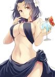  bare_arms bikini breasts cleavage cowboy_shot cup drink drinking_glass drinking_straw flower flying_sweatdrops hair_flower hair_ornament holding holding_cup in_container in_cup kantai_collection large_breasts minigirl multiple_girls navel purple_eyes purple_hair sarong simple_background smile stomach swimsuit tatsuta_(kantai_collection) tenryuu_(kantai_collection) utopia white_background white_flower 
