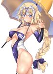  arched_back argyle_cutout bangs bare_shoulders blonde_hair blue_bow blue_eyes blue_leotard blush bow braid breasts chain character_name cleavage cleavage_cutout collar commentary_request detached_sleeves fate/apocrypha fate_(series) hair_bow hand_up headpiece hips jeanne_d'arc_(fate) jeanne_d'arc_(fate)_(all) large_breasts leotard long_braid long_hair looking_at_viewer looking_to_the_side metal_collar parasol race_queen simple_background single_braid smile solo thighs umbrella untsue very_long_hair waving white_background 