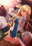  1boy 1girl arm_grab bad_id bad_pixiv_id blonde_hair blue_eyes blush boots breasts censored covered_navel cum cum_in_pussy dress dress_lift eyebrows_visible_through_hair frilled_sleeves frills gem goblin_slayer! green_skin hetero highres long_hair looking_away looking_to_the_side lying medium_breasts mosaic_censoring on_back on_floor open_mouth orc priestess_(goblin_slayer!) pussy rock solo_focus spread_legs sweat tears teeth thigh_boots thighhighs 