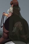  1girl amber_(rwby) ass bike_shorts blush brown_eyes brown_hair dildo frilled_sleeves from_behind girl_on_top half-closed_eyes horse horseback_riding imminent_vaginal looking_back penis pov puffy_sleeves pussy rope rwby short_sleeves sinccubi thigh_boots torn_bike_shorts uncensored vambraces 
