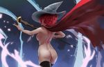  1girl artist_request ass back bare_arms bare_back breasts butt_crack cape highres little_witch_academia looking_at_viewer medium_breasts nipples nude red_cape red_eyes red_hair shiny_chariot shiny_rod short_hair sideboob smile solo source_request staff thighhighs witch witch_hat 