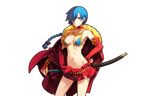  bare_shoulders bikini_top blue_hair breasts choker cleavage collarbone contrapposto cowboy_shot earrings eiyuu_senki elbow_gloves gloves hair_over_one_eye hand_on_hip jewelry kublai_khan_(eiyuu_senki) looking_at_viewer medium_breasts navel necklace ooyari_ashito purple_eyes short_hair smile solo standing sword transparent_background weapon 