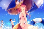  2girls animal_ears beach bikini black_hair blue_bikini blush clenched_teeth commentary_request day ears_through_headwear fate/grand_order fate_(series) fire fox_ears fox_tail from_side fujimaru_ritsuka_(male) hat horns innertube kiyohime_(fate/grand_order) long_hair looking_at_viewer md5_mismatch multiple_girls one_eye_closed outdoors parted_lips pink_hair ponytail running shorts smile sparkle straw_hat sun_hat swimsuit tail tamamo_(fate)_(all) tamamo_no_mae_(fate) tamamo_no_mae_(swimsuit_lancer)_(fate) teeth thighs umbrella untied untied_bikini white_hair yan_(nicknikg) yellow_eyes 